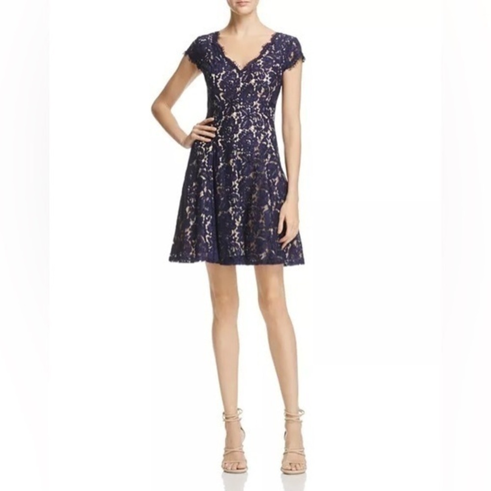 Eliza J Navy Blue Lace V-Neck Fit and Flare Dress 8 QQ18